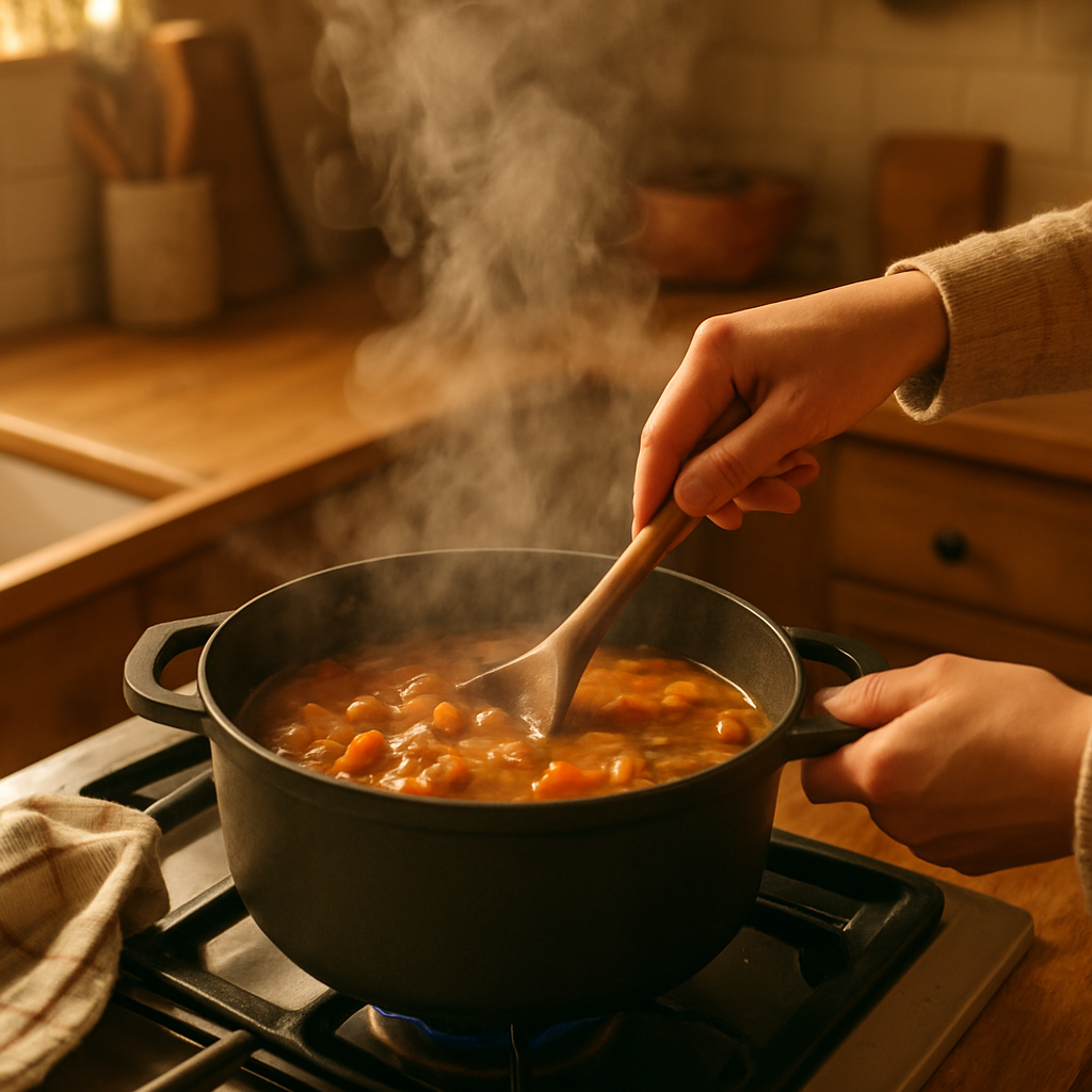 Hands stirring a pot of stew in a warm home kitchen