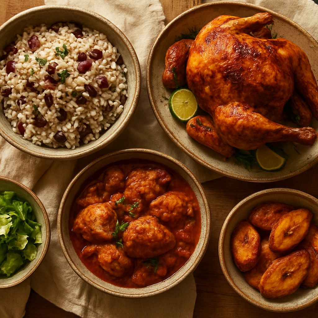 A spread of homemade Latin-Caribbean dishes including rice and beans, roasted chicken, and sweet plantains